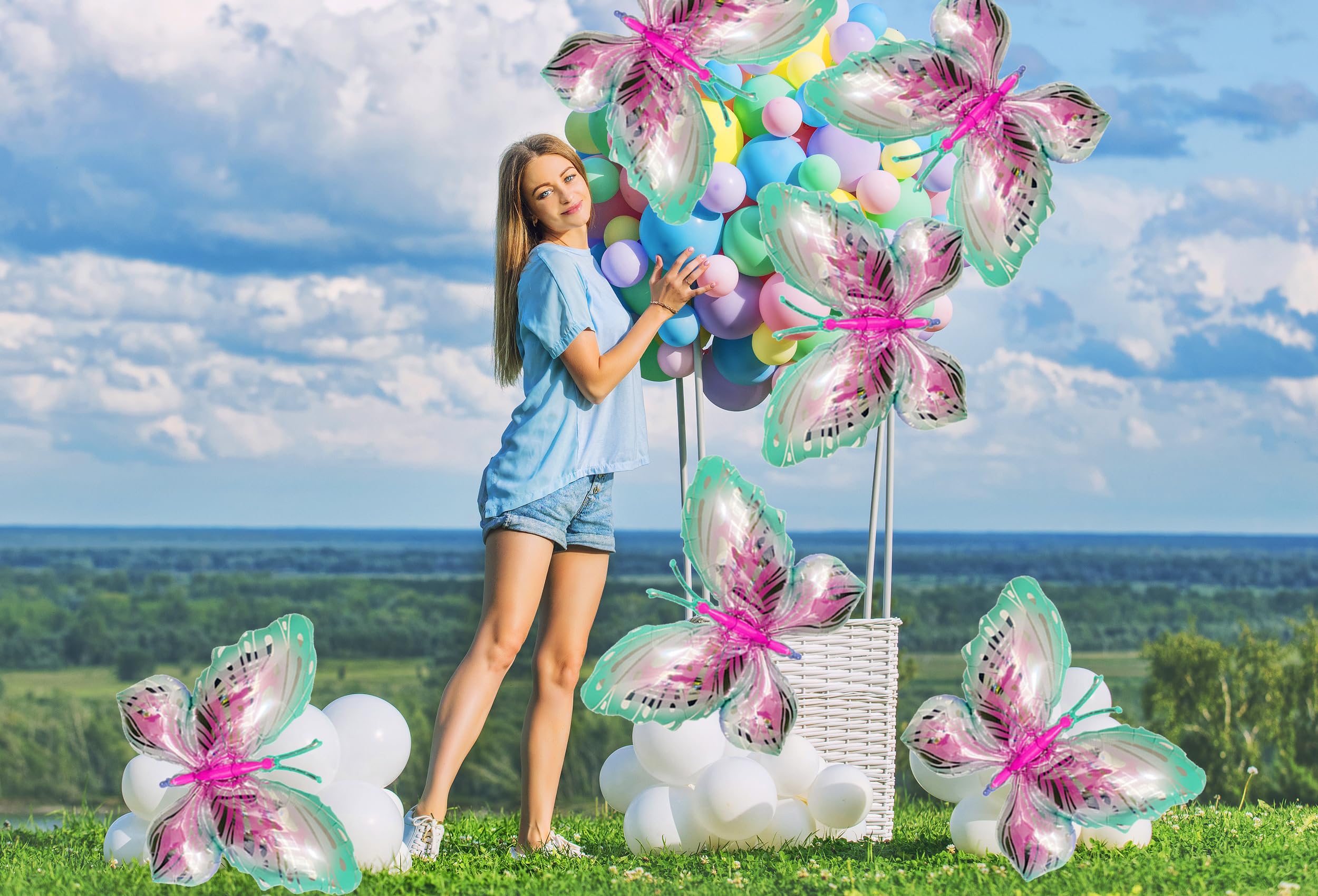 CUUSNNY 6 Pcs Butterfly Balloons – 40 Inch Pink Green Gradient for Garden Party & Wedding