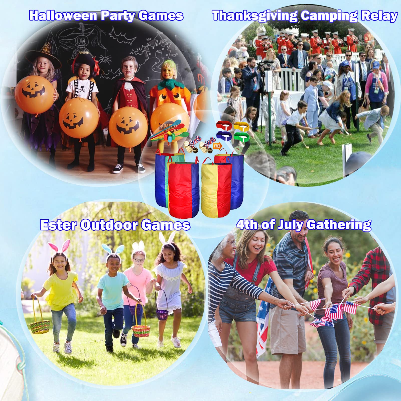 CWLAKON Outdoor Yard Games Kit - Sack Race Bags, Egg & Spoon, 3-Legged Race Bands