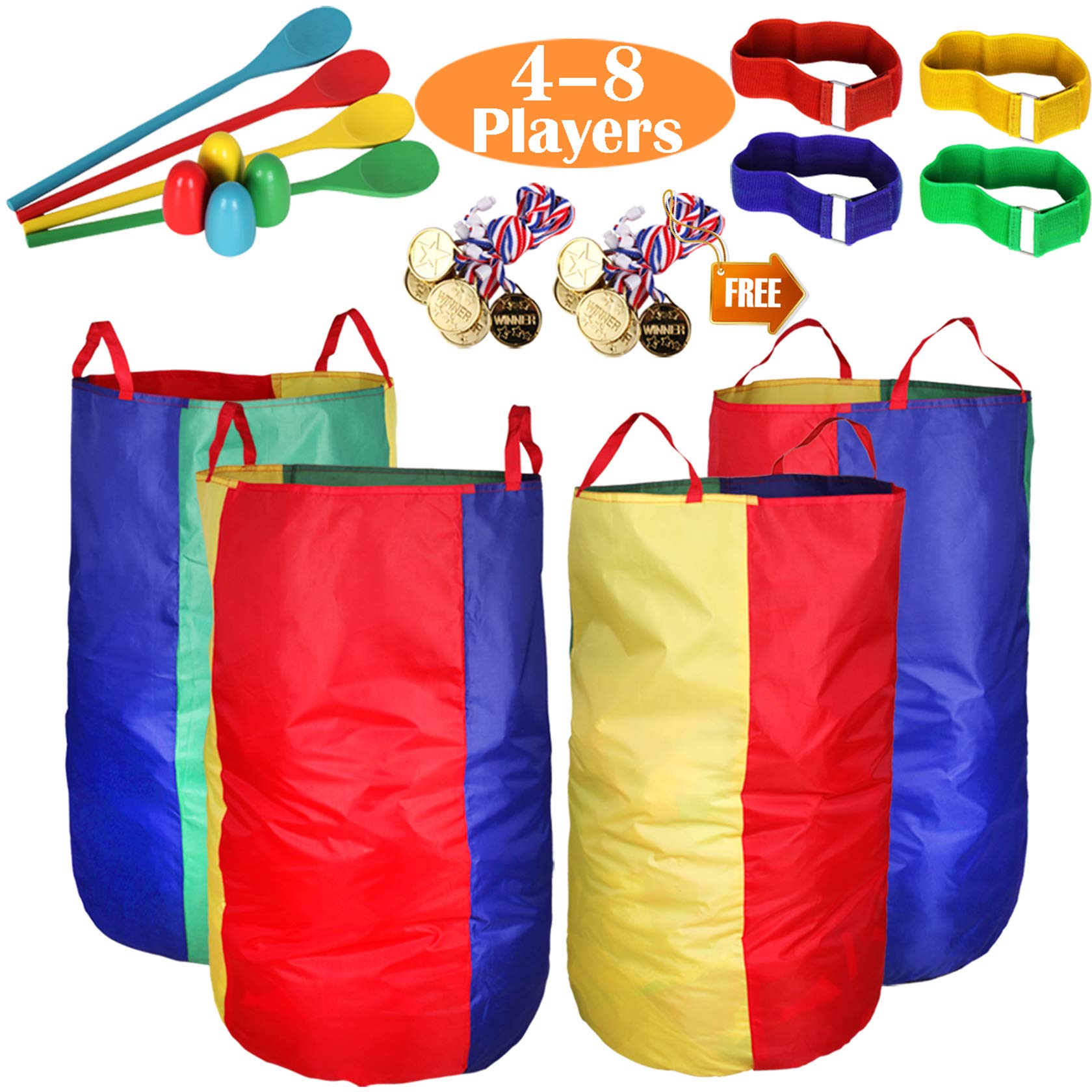 CWLAKON Outdoor Yard Games Kit - Sack Race Bags, Egg & Spoon, 3-Legged Race Bands