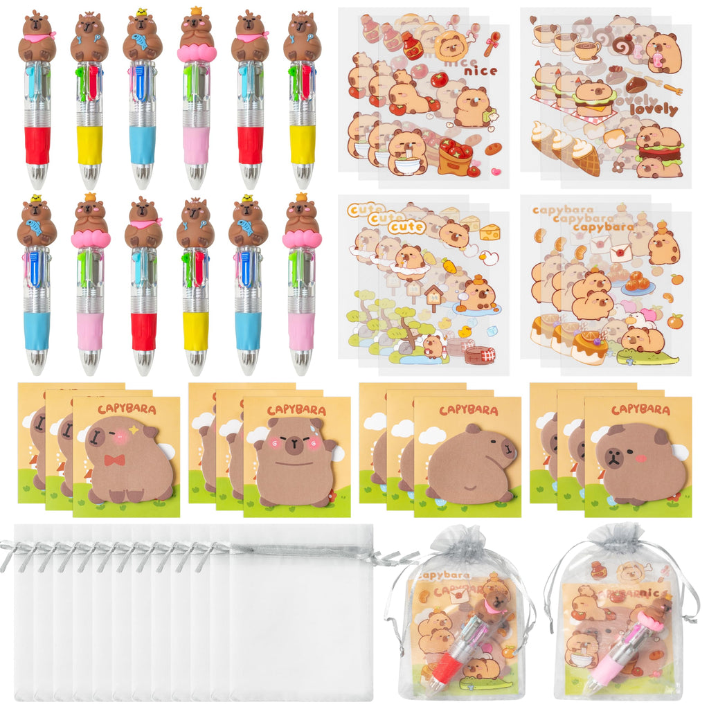 CY2SIDE Capybara Stationery Party Gift Set – 24-Pack Fun Animal 4-in-1 Pens, Sticky Notes, Stickers & Organza Bags