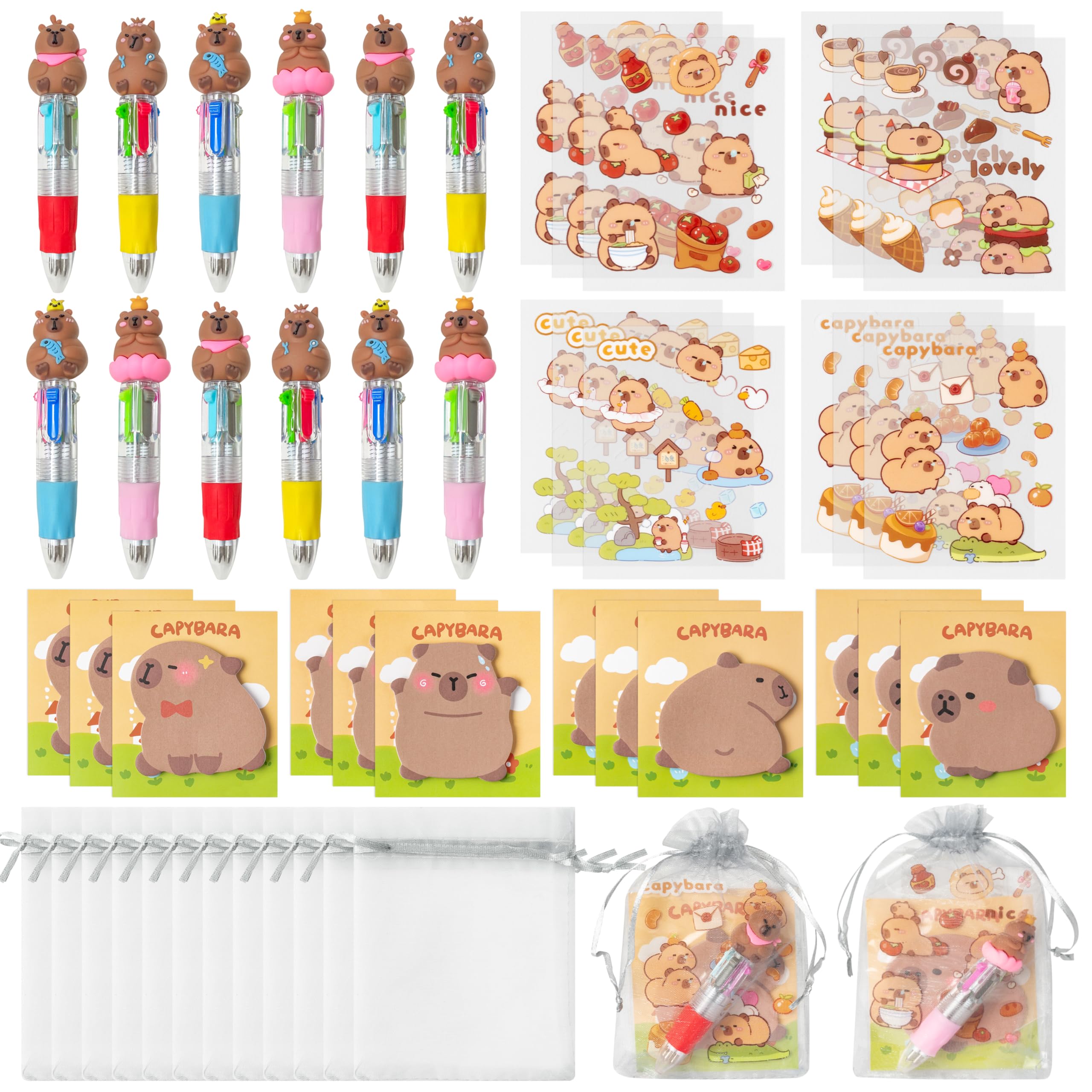 CY2SIDE Capybara Stationery Party Gift Set – 24-Pack Fun Animal 4-in-1 Pens, Sticky Notes, Stickers & Organza Bags