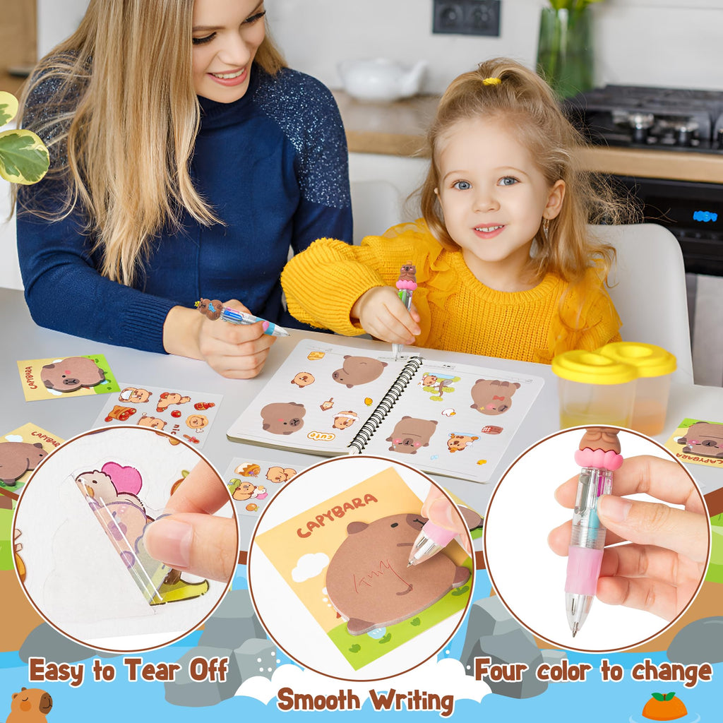 CY2SIDE Capybara Stationery Party Gift Set – 24-Pack Fun Animal 4-in-1 Pens, Sticky Notes, Stickers & Organza Bags