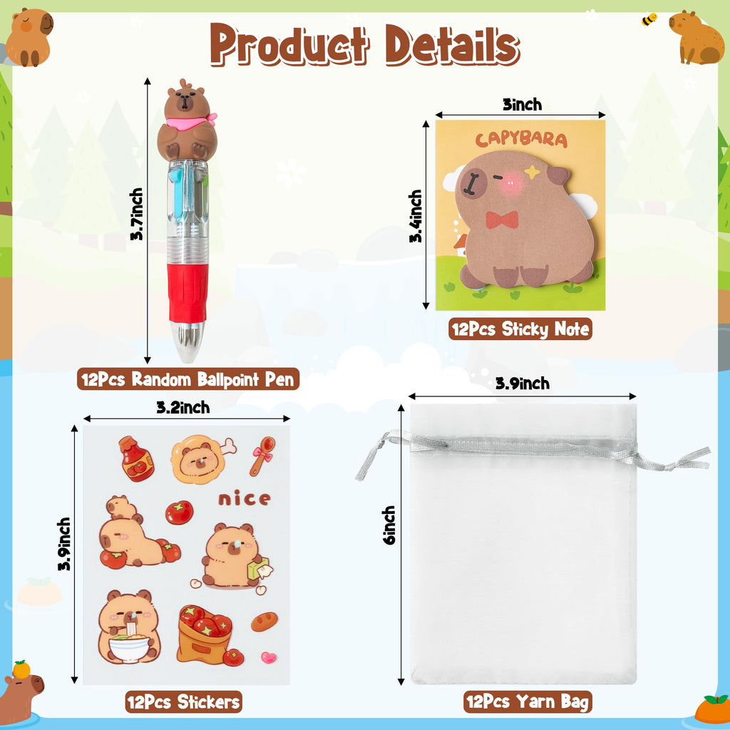 CY2SIDE Capybara Stationery Party Gift Set – 24-Pack Fun Animal 4-in-1 Pens, Sticky Notes, Stickers & Organza Bags