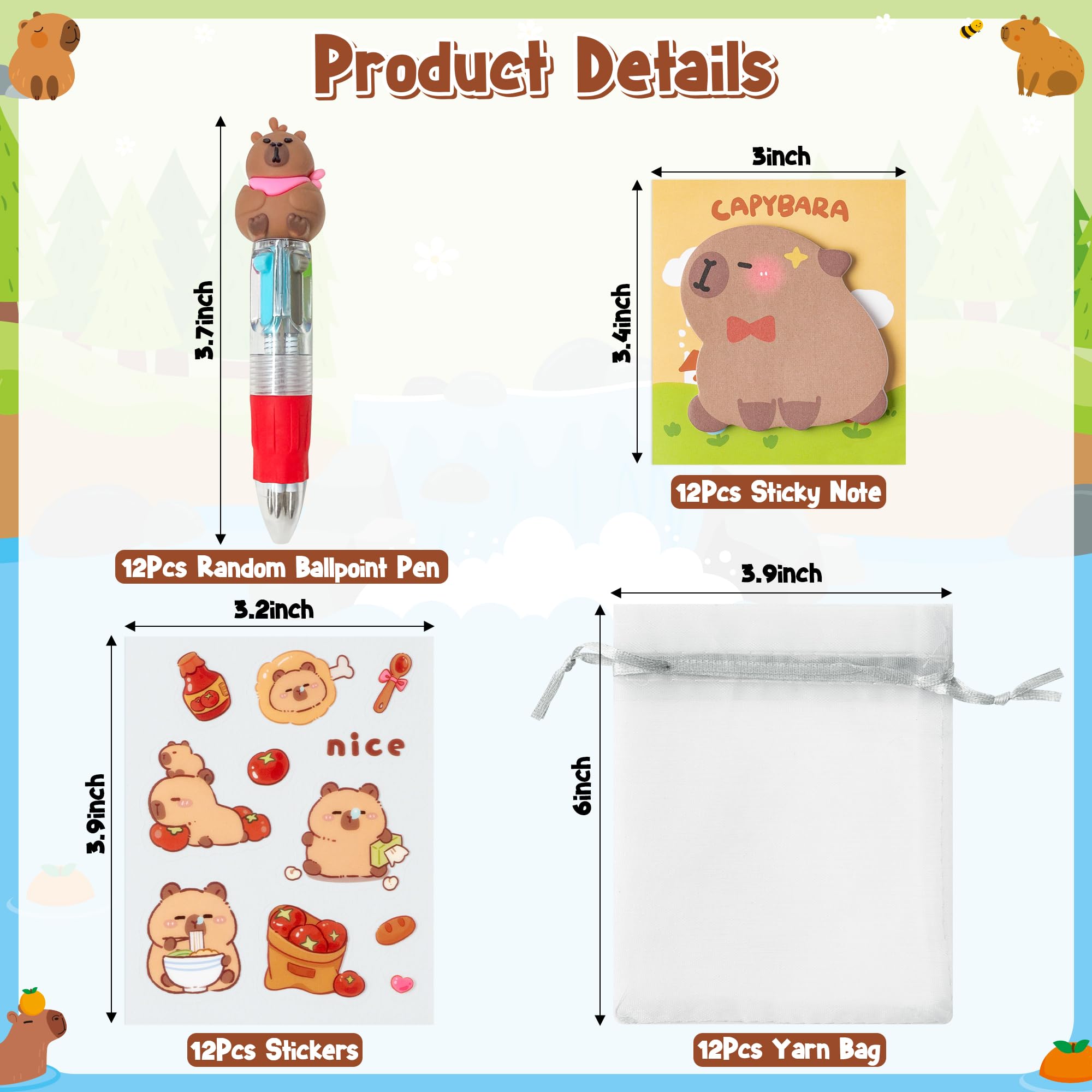 CY2SIDE Capybara Stationery Party Gift Set – 24-Pack Fun Animal 4-in-1 Pens, Sticky Notes, Stickers & Organza Bags
