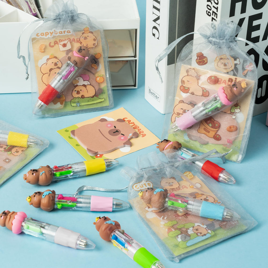 CY2SIDE Capybara Stationery Party Gift Set – 24-Pack Fun Animal 4-in-1 Pens, Sticky Notes, Stickers & Organza Bags