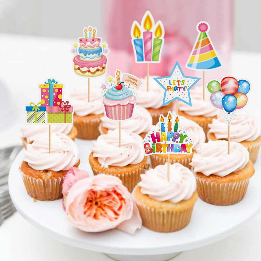 Cyodoos 24pc Colorful Happy Birthday Cupcake Toppers | Kids Party Decor
