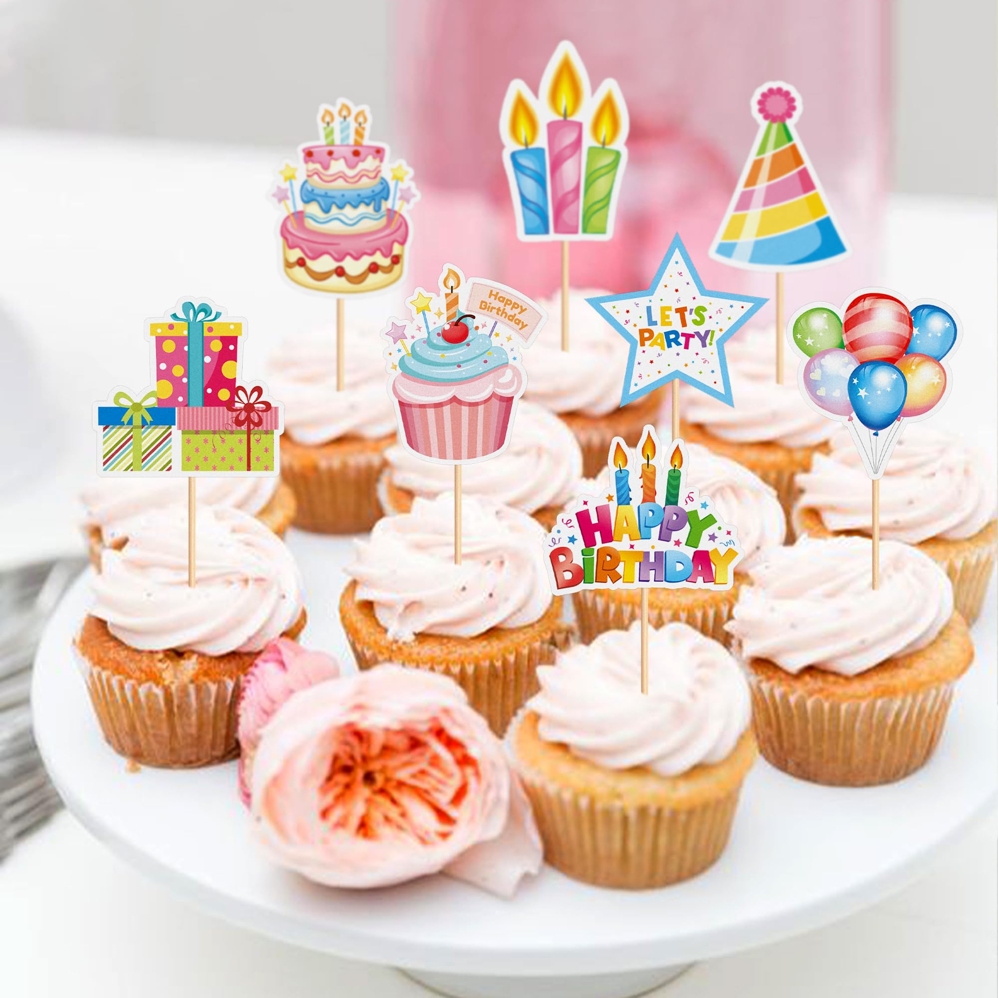 Cyodoos 24pc Colorful Happy Birthday Cupcake Toppers | Kids Party Decor