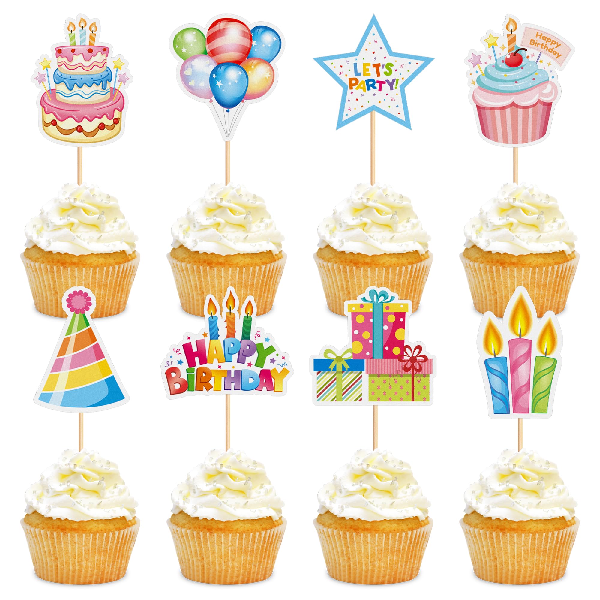 Cyodoos 24pc Colorful Happy Birthday Cupcake Toppers | Kids Party Decor
