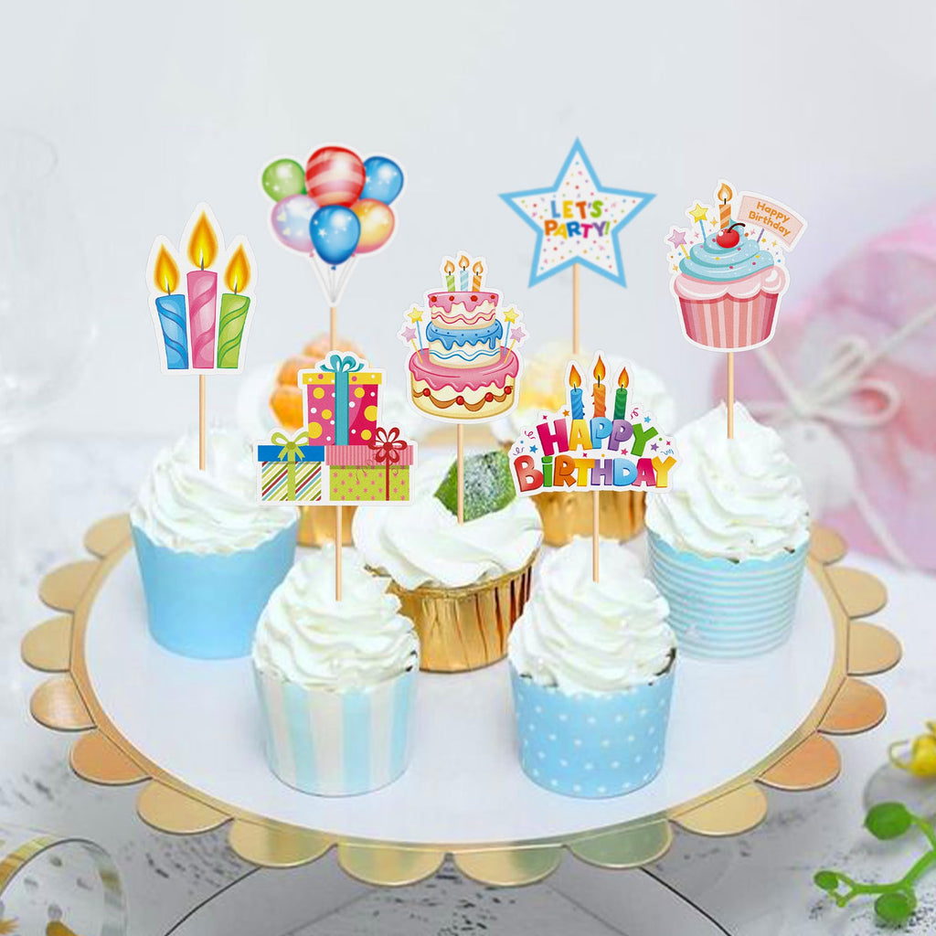 Cyodoos 24pc Colorful Happy Birthday Cupcake Toppers | Kids Party Decor