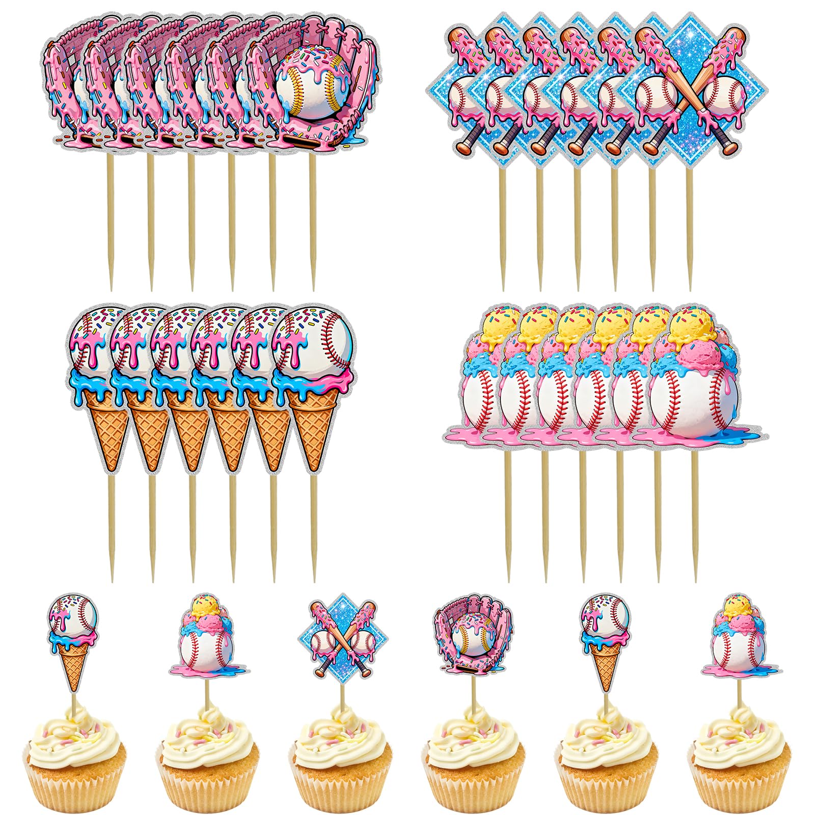 CYUXING 24Pcs Baseball Ice Cream Cupcake Decorations | Sports-Themed Cake Toppers