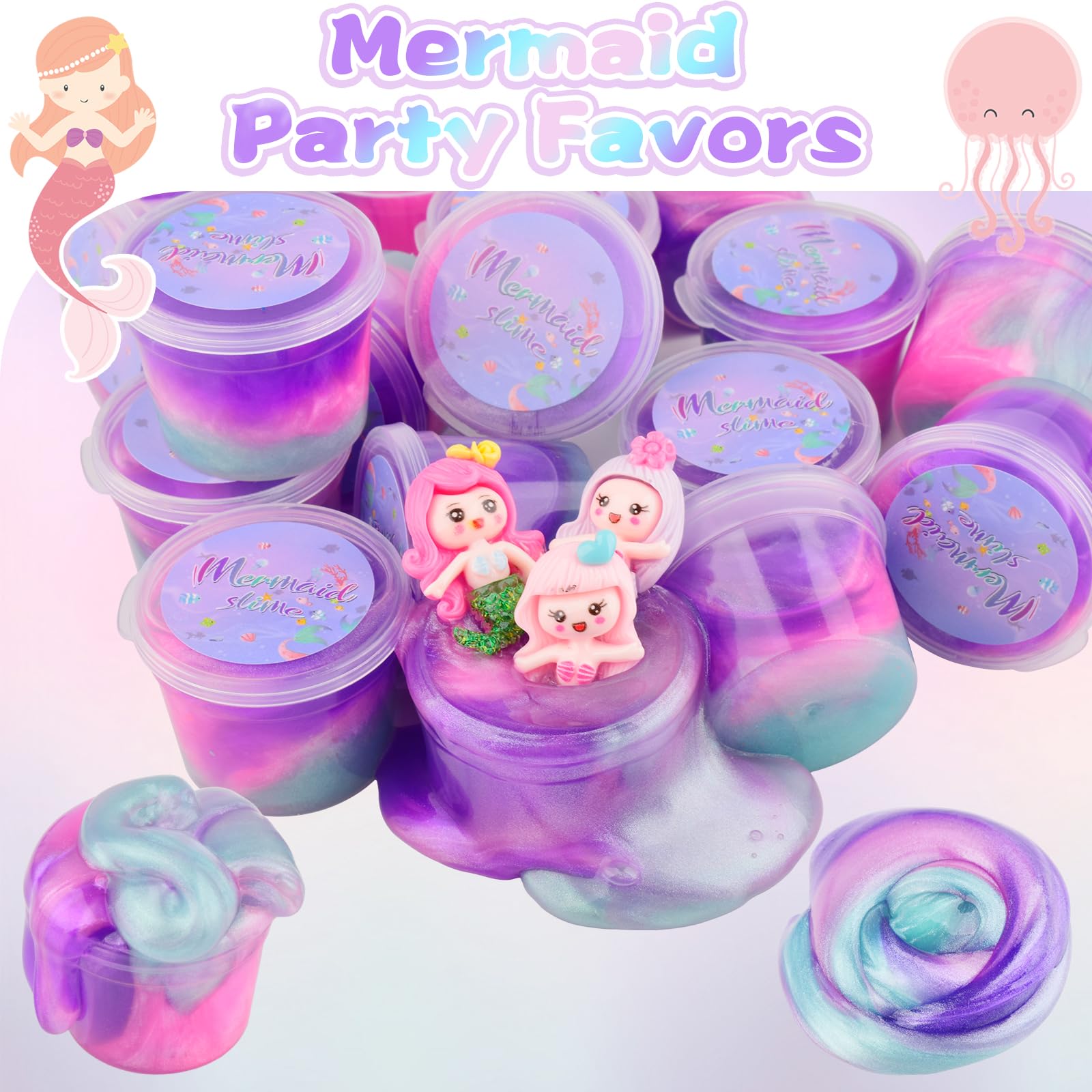 D'ALBA 48 Pack Mini Galaxy & Mermaid Slime Cups – Soft, Non-Stick Party Favors & Classroom Prizes