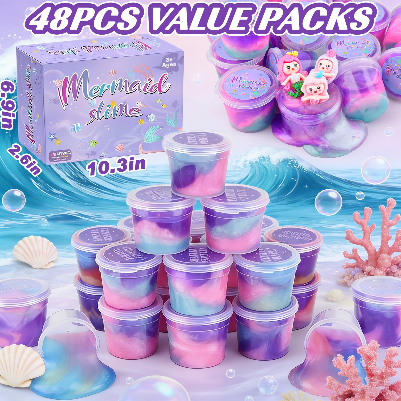 D'ALBA 48 Pack Mini Galaxy & Mermaid Slime Cups – Soft, Non-Stick Party Favors & Classroom Prizes