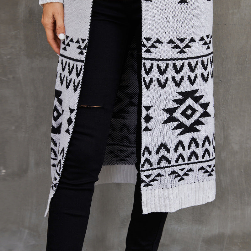 Jacquard Knit Sweater Jacket Casual Knitted Long Cardigan
