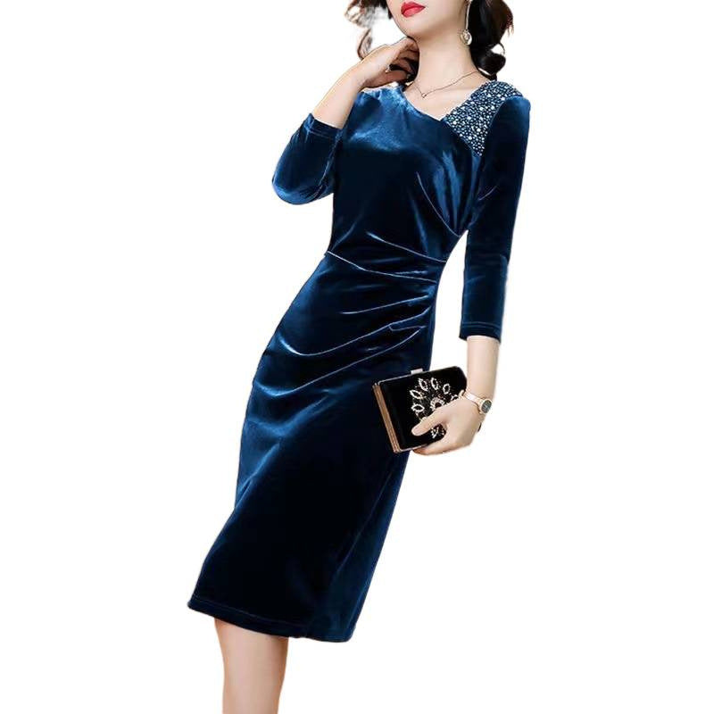 Long-sleeved Velvet Sheath Skirt With Fleece Lining And Extra Thickness