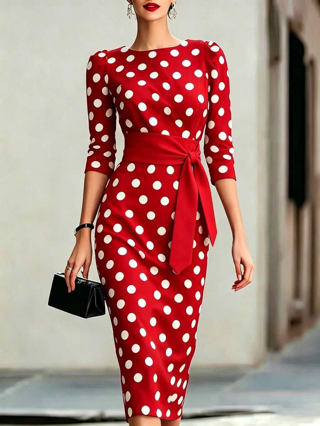 Retro Polka-dot Navy Blue Belted Waist-hugging Elegant Dress