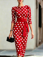 Retro Polka-dot Navy Blue Belted Waist-hugging Elegant Dress