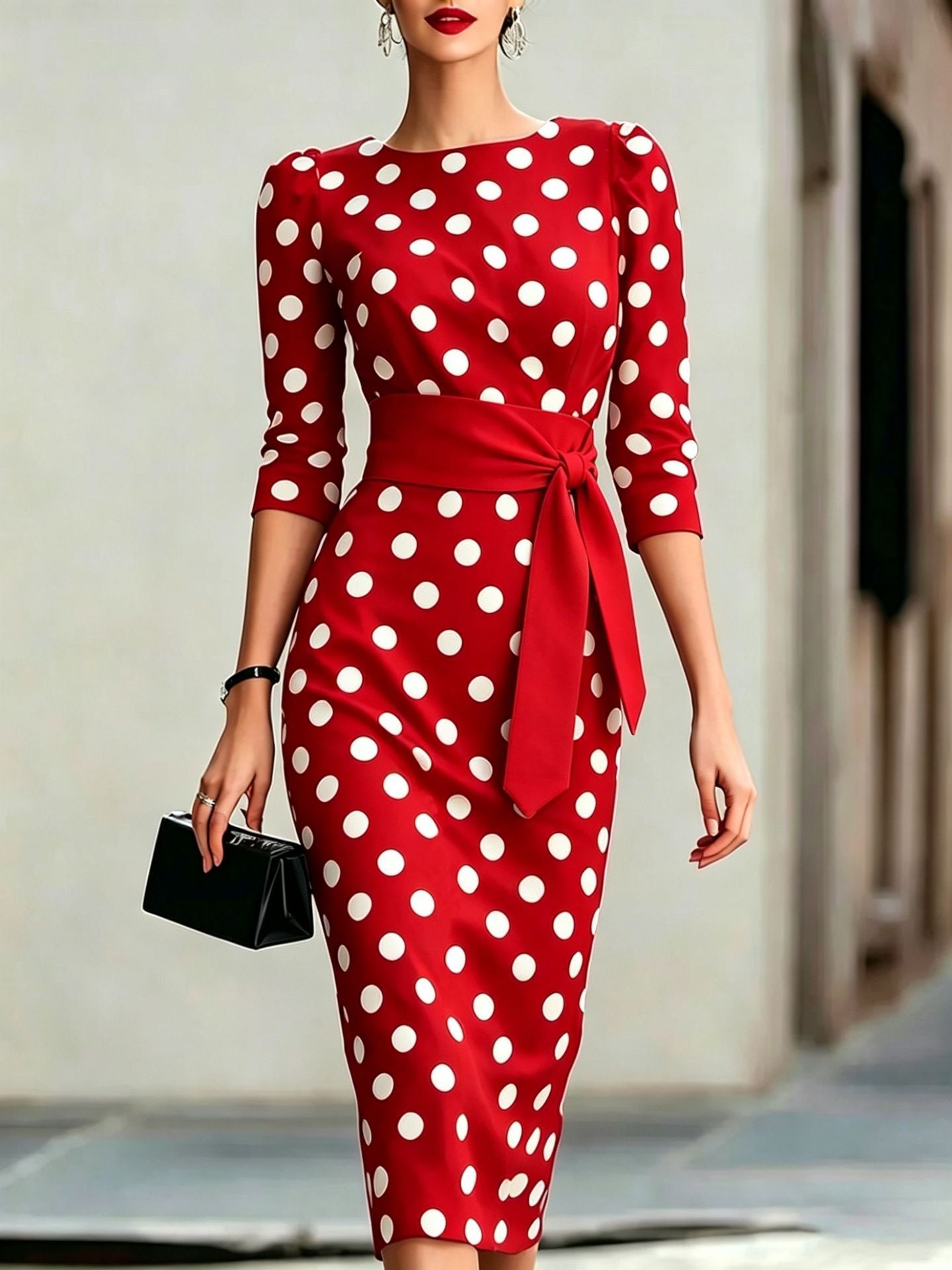 Retro Polka-dot Navy Blue Belted Waist-hugging Elegant Dress