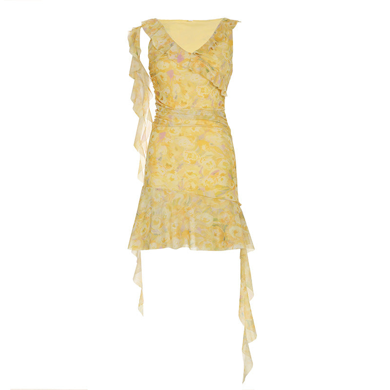 Yellow Floral-print V-neck Slip Dress With High Waist And Mesh Paneling