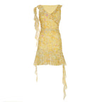 Yellow Floral-print V-neck Slip Dress With High Waist And Mesh Paneling