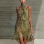 V-neck Waist Trimming Ruffles Elegant Dress