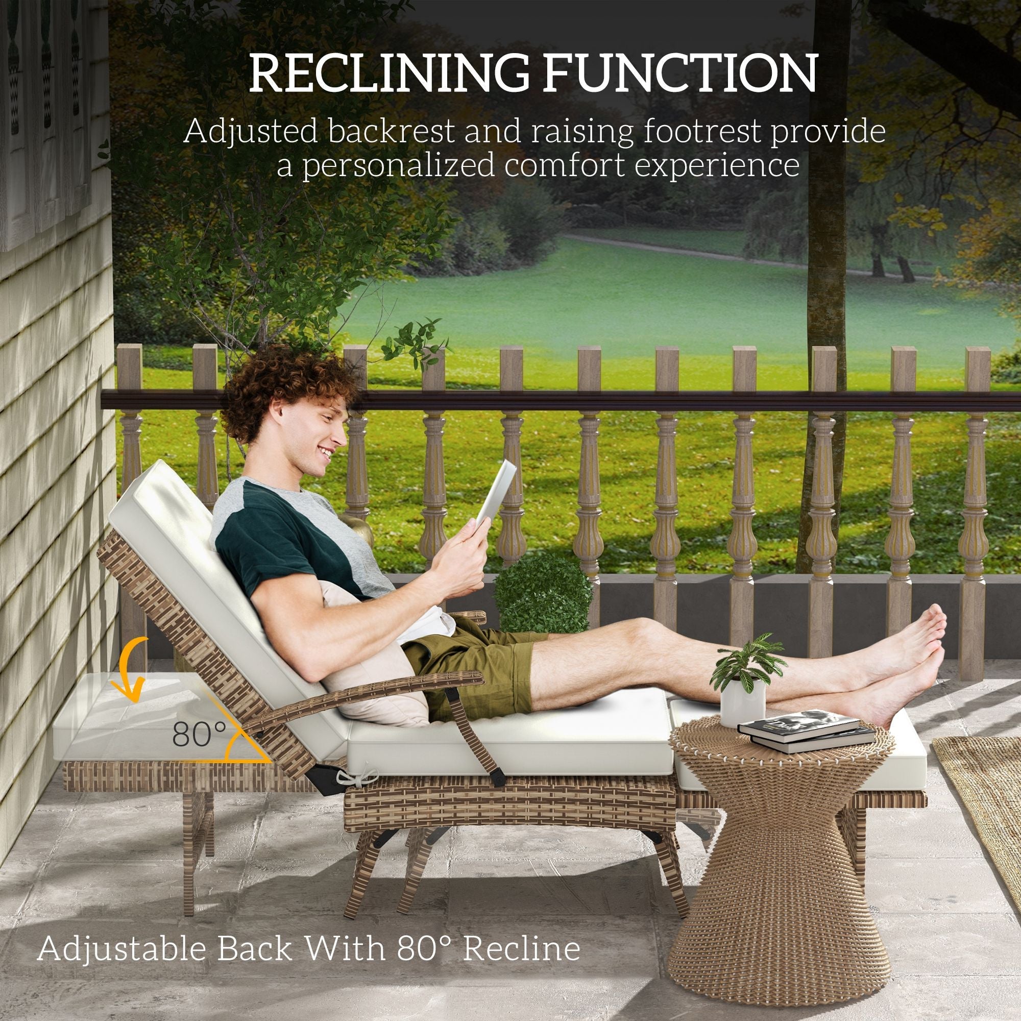 Outsunny Foldable Rattan Garden Recliner Chair w/ Cushion, Footrest