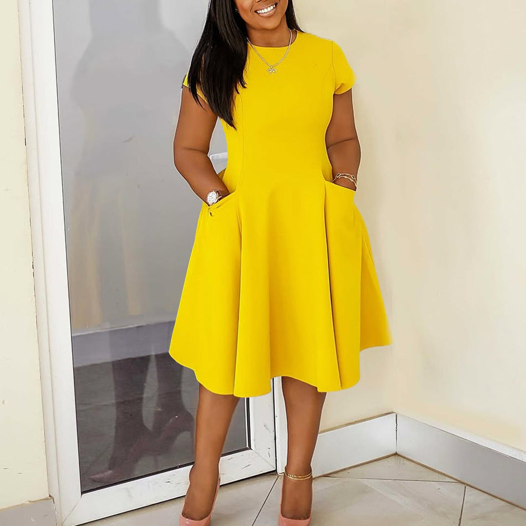 Arrival Casual A-Line Midi Dress With Round Neck And Pockets Slim Fit