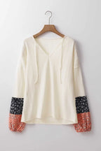 Floral Patchwork V-Neck Lace-Up Knit Blouse Women UK