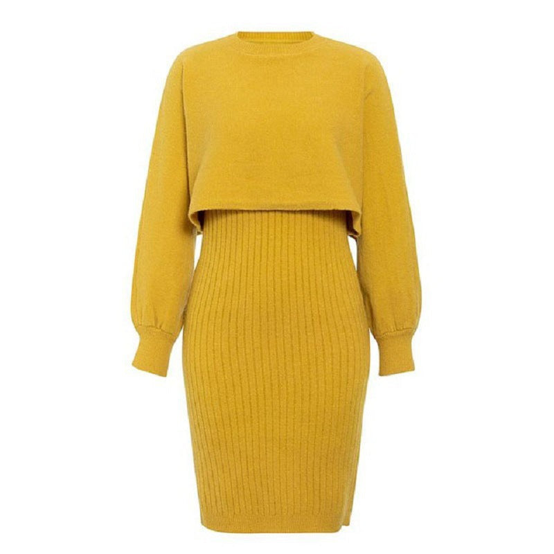 Solid Color Long-sleeved Knitted Sweater Dress