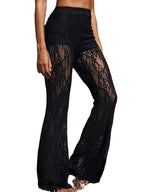High-Waist Lace Mesh Bell Bottoms - Sheer, Stretchy Flared Trousers for Women