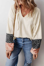 Floral Patchwork V-Neck Lace-Up Knit Blouse Women UK