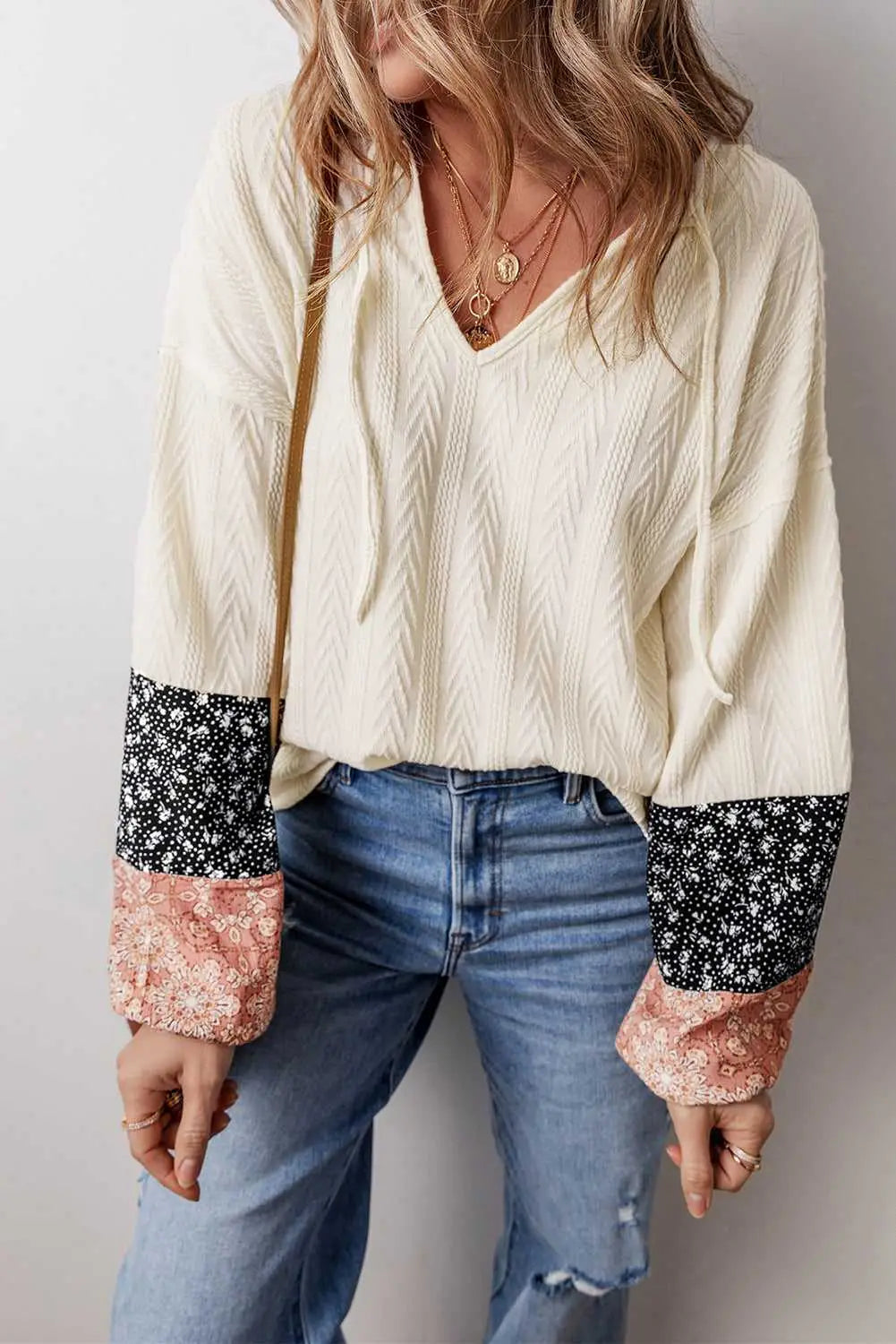 Floral Patchwork V-Neck Lace-Up Knit Blouse Women UK