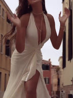 White Halter Neck Deep V Sleeveless Dress