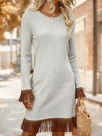 Women's Creative Retro Printed Comfortable Soft Crew-Neck Slim-Fit Fringed Dress