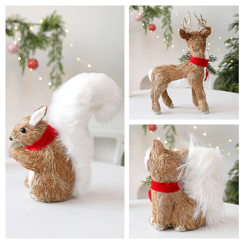 Straw Christmas Elk Squirrel Ornaments Christmas Scene Layout