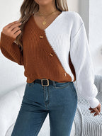 Women Casual V-Neck Button Color Block Lantern Sleeve Pullover Sweater