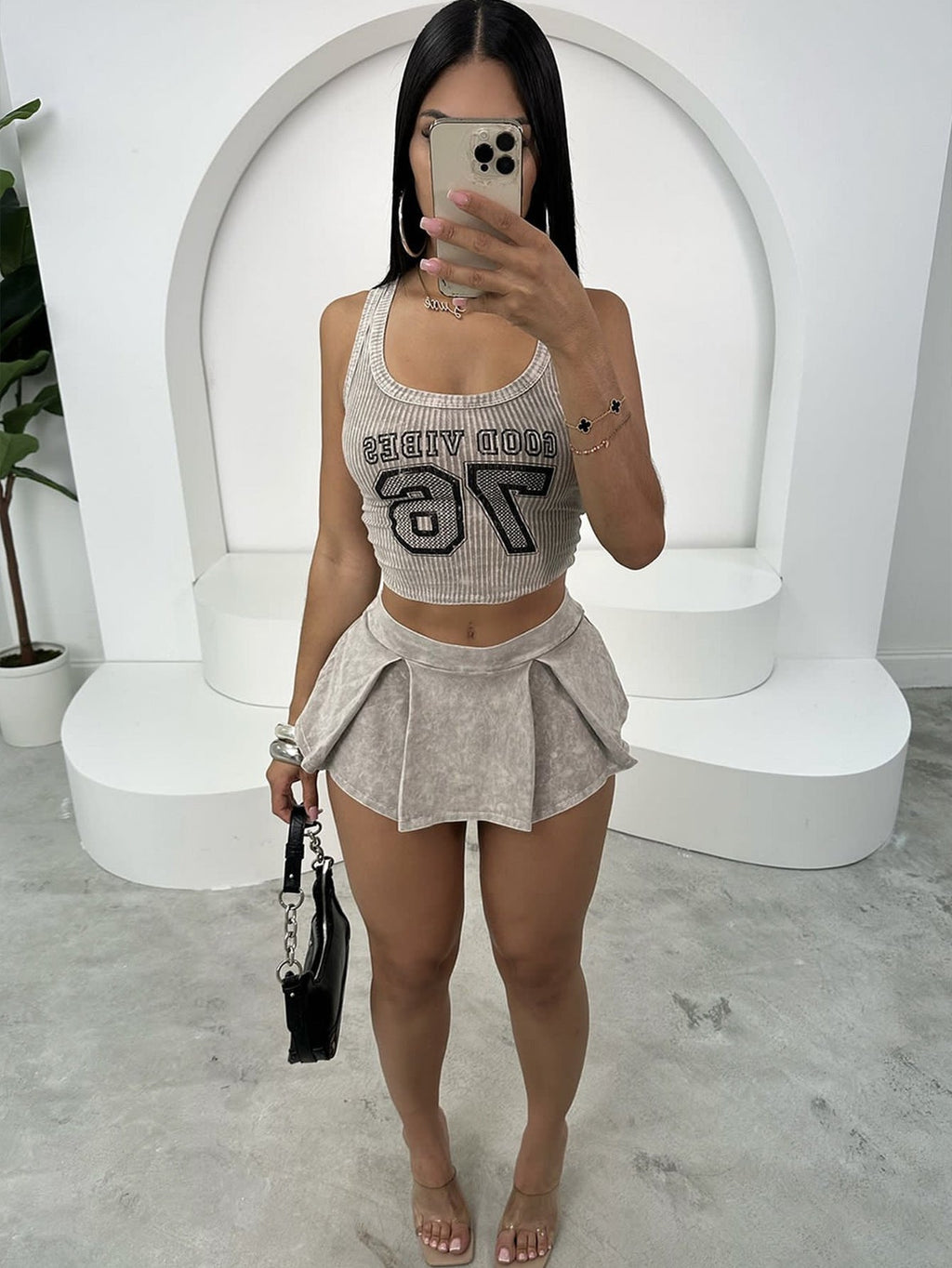 Letter-printed Fitted Short Top And Pleated Short Skirt Set
