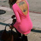 SpringSummer New Arrival Rose-Red Backless Bodycon Long-Sleeve Sheath Dress Women's Sexy And Sassy Backless Mini Skirt