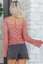 Pink Floral Lace Bell Sleeve Square Neck Blouse Women UK
