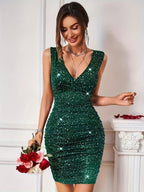 Vibrant V-neck Bodycon Cocktail Dress With Elegant Sleeves