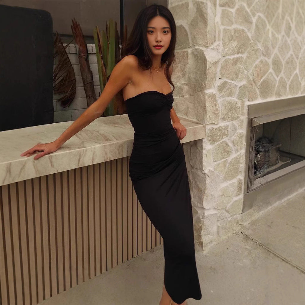 Spicy Girl Style Tube Top Bodycon Side-Slit Long Solid-Color Dress
