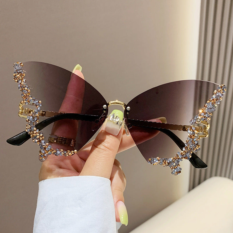 Luxus Diamant Schmetterling Sonnenbrille Damen Marke Y2K Vintage Randlose Oversized Sonnenbrille Damen Brillen Shades