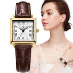 Women's Watch With A Retro-style Small Square Face And Leather Strap