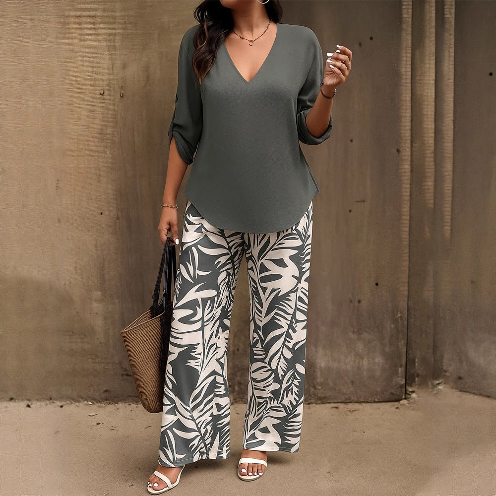 Women's Casual V-Neck Long-Sleeve Pants Set With Digital Print