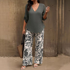 Women's Casual V-Neck Long-Sleeve Pants Set With Digital Print
