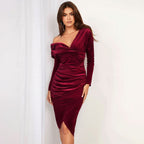 Burgundy V-Neck One-Shoulder Halter Design Midi Dress Evening Gown