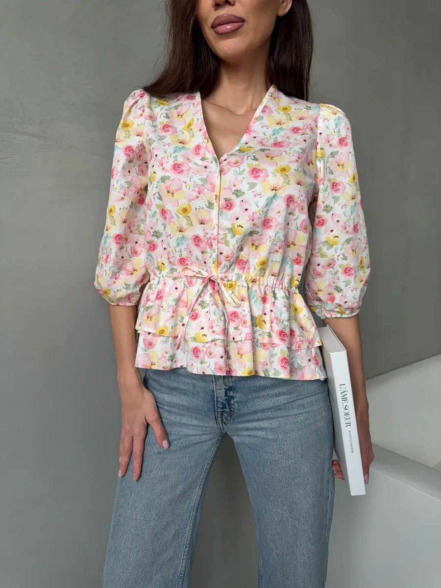 Drawstring Laced Puffed Sleeve V Neck Women's Blouse