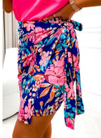 Blue Floral Print Lace-up High Waist Bodycon Mini Skirt