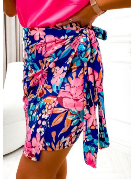 Blue Floral Print Lace-up High Waist Bodycon Mini Skirt