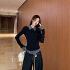 Polo Collar Fake Two Piece Bottoming Slim Fit Top