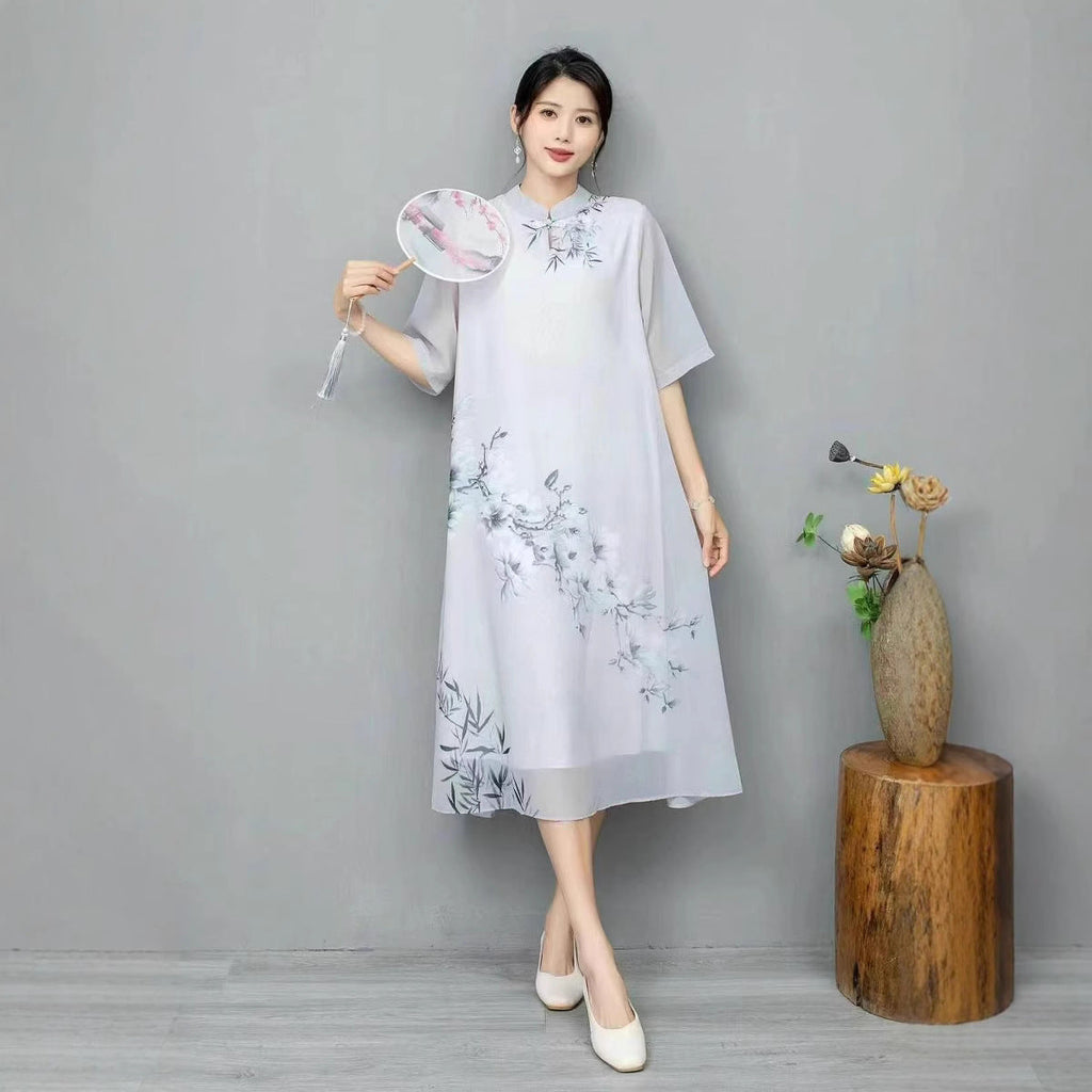 Women's Fashionable Chinese-style Retro Dress With Frog Buttons And Stand Collar
